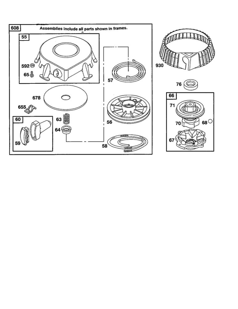 Rewind Starter Diagram and Parts List for 28B700-28B799 0001-0008-0009 Briggs and Stratton Engine